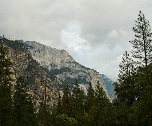 The image shows a mountainous landscape with rocky cliffs and dense coniferous trees under a cloudy sky.