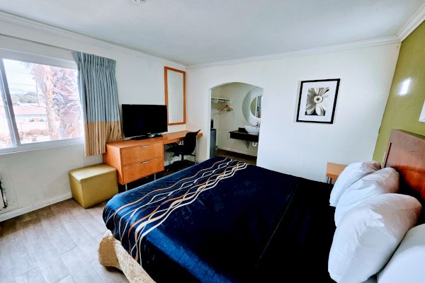 A hotel room with a bed, TV, desk, artwork, and window. There is also a small green ottoman near the window.